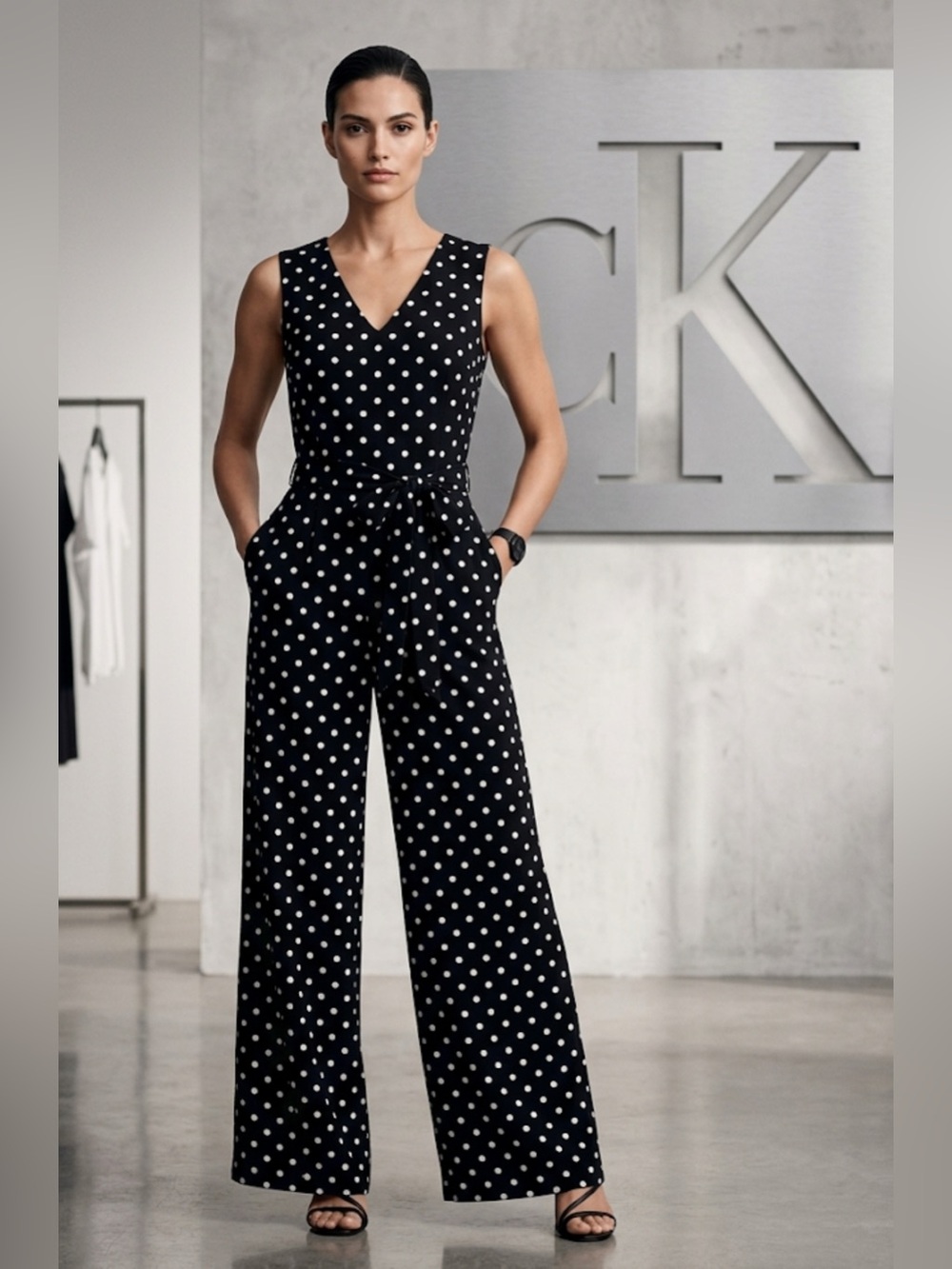 Authentic Calvin Klein signature designer black polka dot jumpsuit sz 12